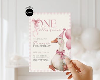 Pink Goose Party Theme One Silly Goose Birthday Invitation Cute Goose Invitation 1st Birthday Girl Pink Invite Printable Goose 1st Birthday