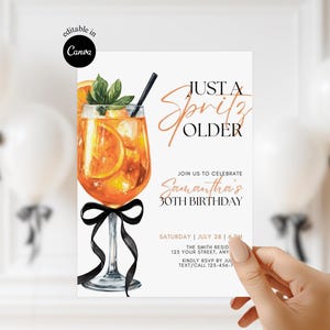 May include: A birthday invitation with a watercolor illustration of an Aperol Spritz cocktail. The text reads "Just a Spritz Older" and invites guests to celebrate Samantha's 30th birthday. Includes event details and RSVP information.