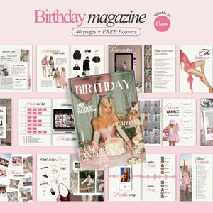Può includere: Layout di rivista rosa e bianco con il titolo "Birthday magazine" e il testo "46 pages + FREE 5 covers." La copertina della rivista presenta una donna bionda e il testo "HER ICONIC FASHION." Altre pagine includono foto e testo.