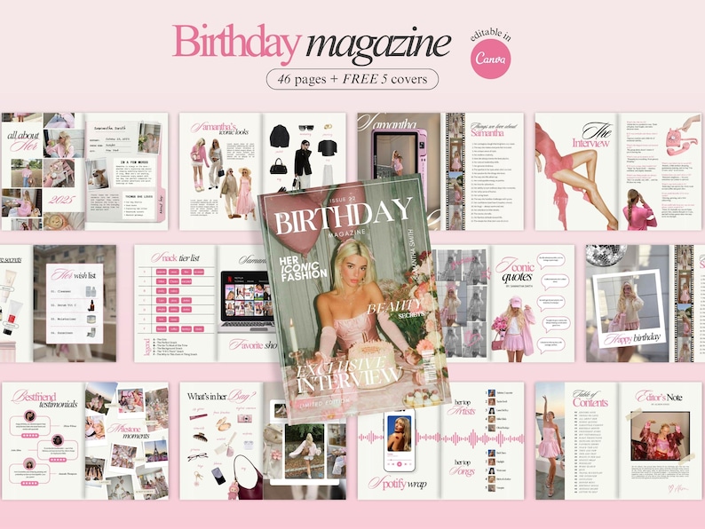 May include: A pink and white magazine layout with the title "Birthday magazine" and the text "46 pages + FREE 5 covers." The magazine cover features a woman with blonde hair and the text "HER ICONIC FASHION." Other pages include photos and text.
