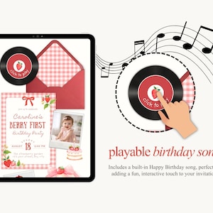 Puede incluir: Invitaci&oacute;n digital para una fiesta de cumplea&ntilde;os con tem&aacute;tica de fresas. La invitaci&oacute;n incluye una foto, un sobre a cuadros rojos y blancos y un icono de canci&oacute;n reproducible. El texto dice "Caroline's Berry First Birthday Party."