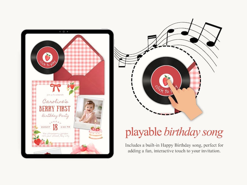 Puede incluir: Invitaci&oacute;n digital para una fiesta de cumplea&ntilde;os con tem&aacute;tica de fresas. La invitaci&oacute;n incluye una foto, un sobre a cuadros rojos y blancos y un icono de canci&oacute;n reproducible. El texto dice "Caroline's Berry First Birthday Party."