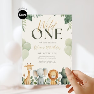 Wild One 1st Birthday Invitation Safari Animal Boy Birthday Jungle Safari party animals Invitation Cute jungle Lion Elephant Zoo birthday