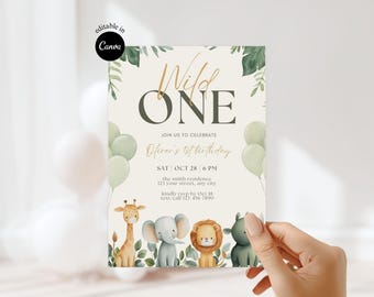 Wild One 1st Birthday Invitation Safari Animal Boy Birthday Jungle Safari party animals Invitation Cute jungle Lion Elephant Zoo birthday
