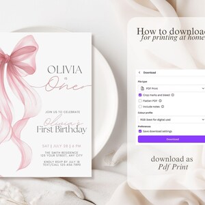 Peut inclure: Une invitation rose clair de style aquarelle pour le premier anniversaire d'Olivia. Le design pr&eacute;sente un grand n&oelig;ud et des rubans fluides. Le texte comprend "Olivia a un an" et les d&eacute;tails de l'&eacute;v&eacute;nement. Instructions de t&eacute;l&eacute;chargement en PDF.