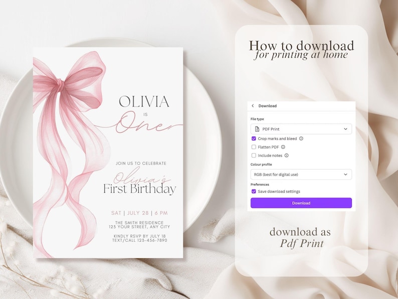 Peut inclure: Une invitation rose clair de style aquarelle pour le premier anniversaire d'Olivia. Le design pr&eacute;sente un grand n&oelig;ud et des rubans fluides. Le texte comprend "Olivia a un an" et les d&eacute;tails de l'&eacute;v&eacute;nement. Instructions de t&eacute;l&eacute;chargement en PDF.