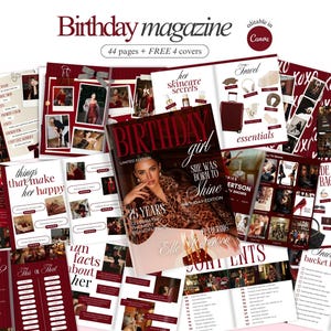 May include: A collection of birthday-themed magazines and related materials. The central magazine cover features a woman and the text "Birthday Girl." Other pages include photos, checklists, and the text "Birthday magazine."