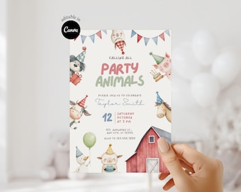 May include: A watercolor invitation with the text "Calling All Party Animals." The invitation features illustrations of farm animals wearing party hats and holding gifts. The date and time of the party are also included.