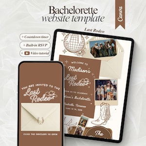 May include: A digital bachelorette website template displayed on a smartphone and tablet screen. The design features brown and cream tones, a disco ball, cowboy boot illustrations, and text reading "Last Rodeo" and "You are invited to the Last Rodeo."