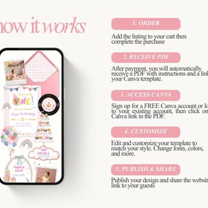 Puede incluir: Un tel&eacute;fono inteligente muestra un dise&ntilde;o de invitaci&oacute;n de cumplea&ntilde;os rosa con el texto "It's just the ONE!" e instrucciones sobre c&oacute;mo ordenar, recibir, acceder, personalizar y publicar el dise&ntilde;o. El dise&ntilde;o incluye globos, arco&iacute;ris y una tarta.