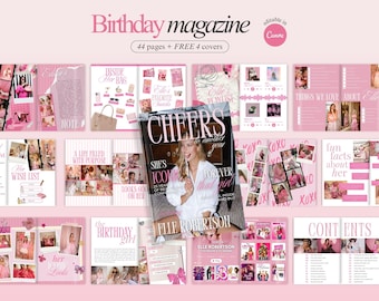 Revista de cumpleaños editable en color rosa, regalo para tu mejor amiga, plantilla de revista personalizada, regalo personalizado para ella, linda portada de revista para cumpleaños.