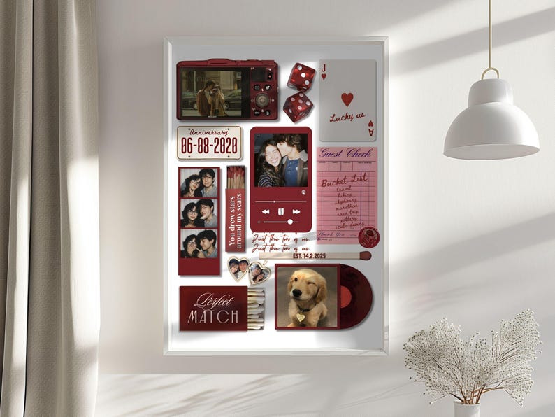 May include: A framed collage featuring various red-toned elements. Includes photos, a digital camera, dice, playing card, and a vinyl record. Text elements include "Anniversary 06-08-2020", "Lucky us", "Perfect Match", and "Guest Check".