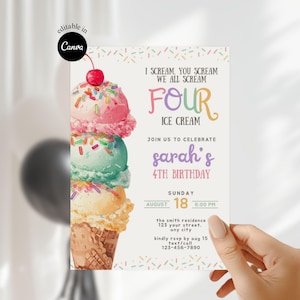 Puede incluir: Una invitación de cumpleaños con una ilustración de un cono de helado con tres bolas de helado rosa, verde y amarillo, coronado con una cereza. El texto dice "I Scream, You Scream, We All Scream FOUR Ice Cream" e incluye detalles de la fiesta.