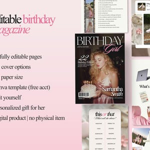 May include: A digital magazine with the text "editable birthday magazine" and bullet points listing features like 46 editable pages, 5 cover options, and A4 paper size. The magazine cover features a woman with a birthday cake.