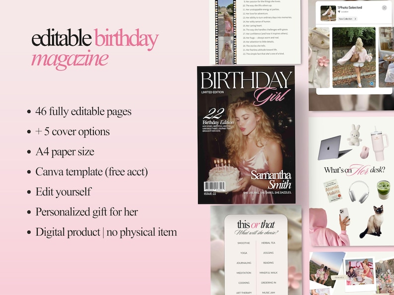 May include: A digital magazine with the text "editable birthday magazine" and bullet points listing features like 46 editable pages, 5 cover options, and A4 paper size. The magazine cover features a woman with a birthday cake.