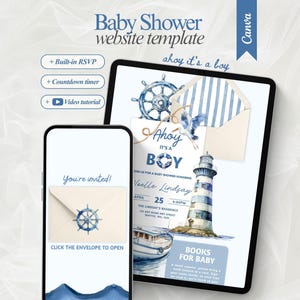 Redigerbar webbplats för babyshower för pojkar med OSA, söt sjömanstema-inbjudningsmall, blå babyshowerfest, Ahoy, det är en pojke, havsbabyshower