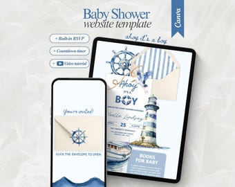 Editable Boy Baby Shower Website with RSVP Cute Sailor theme invitation template Blue Baby shower Party Ahoy It's A Boy Ocean Baby shower
