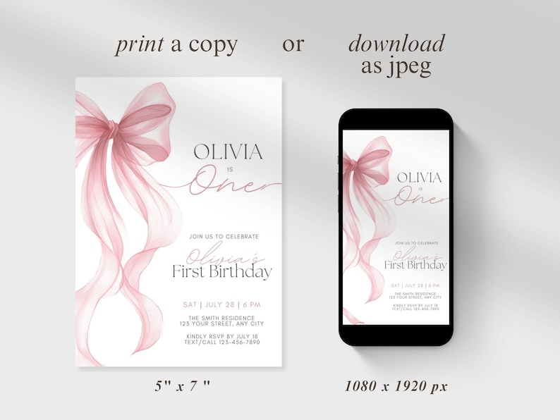 Peut inclure: Une invitation num&eacute;rique pour le premier anniversaire d'Olivia, avec un n&oelig;ud et des rubans fluides &agrave; l'aquarelle dans les tons roses. Le design comprend le texte "Olivia is One" et les d&eacute;tails de l'&eacute;v&eacute;nement. L'invitation est affich&eacute;e sur une carte de 12,7 cm x 17,8 cm et un smartphone.