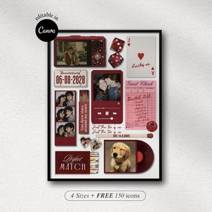 May include: A framed collage with a black border, featuring various burgundy and white elements. Includes photos, text, dice, playing cards, and a vinyl record. Text includes "Anniversary 06-08-2020", "Lucky us", and "Perfect Match".