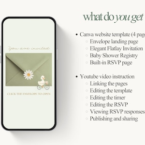Pu&ograve; includere: Uno schermo di smartphone mostra un design di invito per un baby shower. Il design presenta una busta verde salvia con una margherita e un'anatra in bicicletta. Il testo sullo schermo recita "You are invited" e "Click the envelope to open."