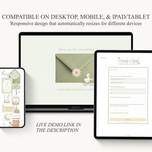 Pu&ograve; includere: Un design di invito digitale visualizzato su laptop, tablet e smartphone. Il design presenta una busta verde con una margherita, un'anatra in bicicletta e il testo "You are invited". Il tablet mostra un modulo con il testo "Kindly Reply".