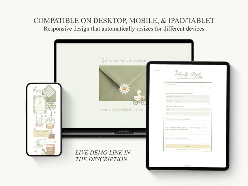 Pu&ograve; includere: Un design di invito digitale visualizzato su laptop, tablet e smartphone. Il design presenta una busta verde con una margherita, un'anatra in bicicletta e il testo "You are invited". Il tablet mostra un modulo con il testo "Kindly Reply".