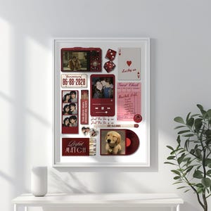 May include: A framed collage with various red-toned elements. Includes photos, a dice set, a playing card, and a bucket list. The date "06-08-2020" is displayed. A photo of a golden retriever puppy is also included.