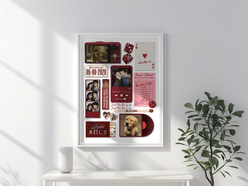 May include: A framed collage with various red-toned elements. Includes photos, a dice set, a playing card, and a bucket list. The date "06-08-2020" is displayed. A photo of a golden retriever puppy is also included.