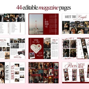 Puede incluir: Dise&ntilde;o de revista con 44 p&aacute;ginas editables. Las p&aacute;ginas presentan fotos y texto, con t&iacute;tulos como "Contenido", "Acerca de ella", "D&oacute;nde nos conocimos" y "Datos divertidos". La combinaci&oacute;n de colores es principalmente burdeos y blanco.