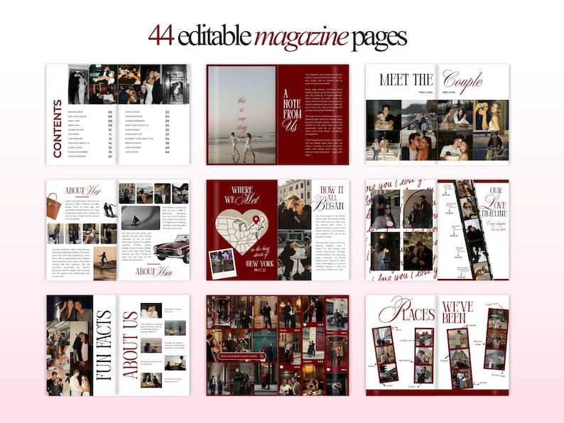 Puede incluir: Dise&ntilde;o de revista con 44 p&aacute;ginas editables. Las p&aacute;ginas presentan fotos y texto, con t&iacute;tulos como "Contenido", "Acerca de ella", "D&oacute;nde nos conocimos" y "Datos divertidos". La combinaci&oacute;n de colores es principalmente burdeos y blanco.