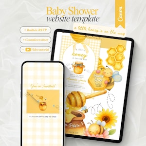 Może przedstawiać: Szablon strony internetowej na baby shower wyświetlony na smartfonie i tablecie. Projekt zawiera żółtą grafikę z motywem miodu, w tym pszczoły, słoneczniki, plastry miodu i łyżkę do miodu. Tekst obejmuje Baby Shower website template, a little honey is on the way, You're invited oraz Click the envelope to open.