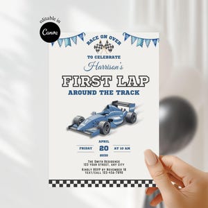 May include: A light-colored invitation with a blue race car illustration. The text reads "First Lap Around the Track" and includes event details. The design features checkered flags and blue pennants.