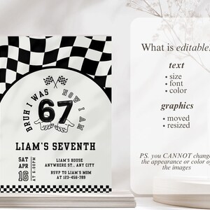 Pode incluir: Um convite com tema de corrida em preto e branco para um s&eacute;timo anivers&aacute;rio. O convite apresenta um design de bandeira quadriculada, o n&uacute;mero 67 e o texto "Liam's Seventh". O convite inclui a data, hora e local.