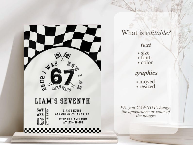 Pode incluir: Um convite com tema de corrida em preto e branco para um s&eacute;timo anivers&aacute;rio. O convite apresenta um design de bandeira quadriculada, o n&uacute;mero 67 e o texto "Liam's Seventh". O convite inclui a data, hora e local.