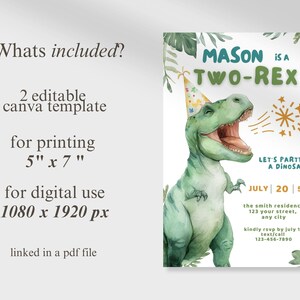 May include: A digital invitation for a Two-Rex birthday party. The design features a watercolor illustration of a green Tyrannosaurus Rex wearing a party hat. The invitation includes the text "Mason is a Two-Rex" and party details.