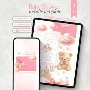 May include: A digital baby shower website template displayed on a smartphone and tablet. The design features pink clouds, a teddy bear, baby clothing, and envelopes. Text includes Baby Shower website template, a little piece of heaven, You're Invited, and RSVP.