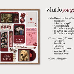 May include: A framed collage with a red and white theme, featuring photos, dice, playing cards, and matchboxes. Text includes "Anniversary 06-08-2020", "Perfect Match", and "Lucky us". The image also includes a dog and a vinyl record.