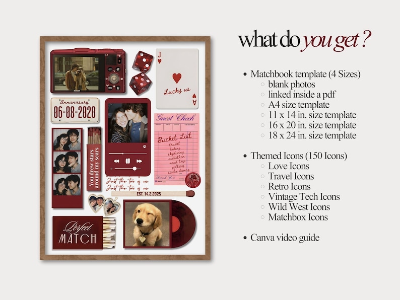 May include: A framed collage with a red and white theme, featuring photos, dice, playing cards, and matchboxes. Text includes "Anniversary 06-08-2020", "Perfect Match", and "Lucky us". The image also includes a dog and a vinyl record.