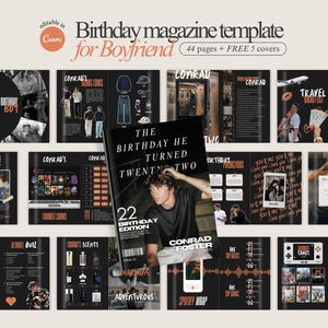 Puede incluir: Una plantilla de revista negra para el cumpleaños de un novio, con una portada que muestra a un joven y el texto "The Birthday He Turned Twenty Two". La plantilla incluye páginas con fotos, gráficos y texto, con las palabras "editable in Canva".
