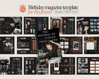 Revista de cumpleaños fácil de editar con portadas personalizables gratis. Plantilla de revista de cumpleaños en Canva para él. Regalo personalizado para novio.