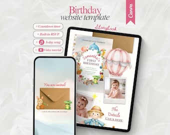 Sitio web editable de cuento de hadas para cumpleaños con confirmación de asistencia. Invitación digital para la fiesta del primer cumpleaños de una niña. Invitación de cumpleaños encantada.