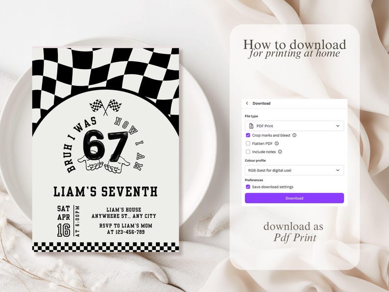 Pode incluir: Um convite de anivers&aacute;rio com tema de carros de corrida em preto e branco. O convite diz "Bruh I was 67 now I am" com o nome "Liam's Seventh" e detalhes do evento. O convite est&aacute; em um prato branco.