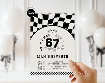 Six Seven Birthday Invitation Checkered flag 6 7 Meme Invite Boys 7th Birthday Party Invitation Editable racing theme 67 Birthday Invite