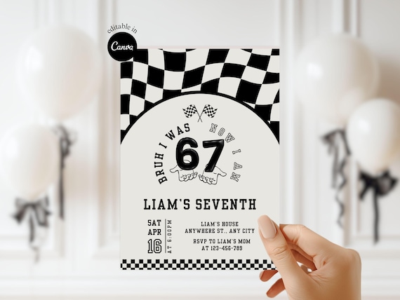Six Seven Birthday Invitation Checkered flag 6 7 Meme Invite Boys 7th Birthday Party Invitation Editable racing theme 67 Birthday Invite