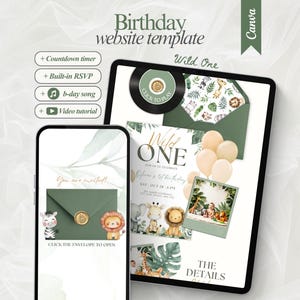 May include: A digital birthday website template with a "Wild One" theme, displayed on a tablet and smartphone. The design features a green and gold colour scheme, with illustrations of safari animals, balloons, and text that reads "You are invited!" and "Click the envelope to open."