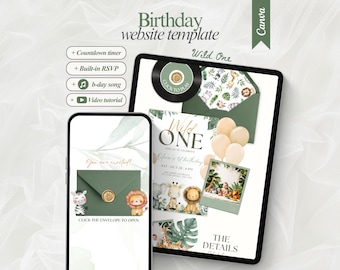 Plantilla editable para sitio web de primer cumpleaños de Wild One con RSVP. Invitación digital con lindos animales de safari para fiesta de cumpleaños en la jungla.