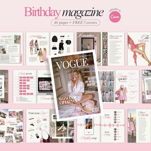 May include: A pink and white magazine layout with the text "Birthday magazine" and "editable in Canva." The magazine includes pages with the text "Vogue," "Best Outfit Ideas," and "Woman Lifestyle." Other pages feature text like "All About Her" and "Iconic Quotes."