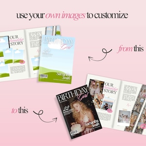 May include: Image showing a magazine layout with the text "OUR STORY" and "BIRTHDAY GIRL". The layout includes photos and text, with the words "use your own images to customize" and "from this to this".