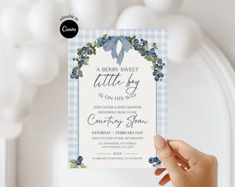 Blue Berry Sweet Little Boy Invitation Berry Sweet Baby Shower Invite Editable Berry Sweet Baby Shower Blueberry Boy Baby shower invitation