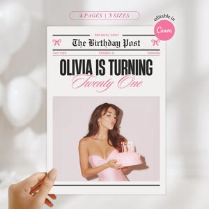 Op de afbeelding: Een verjaardagsaankondiging in krantenstijl met de kop 'OLIVIA IS TURNING Twenty One'. Het ontwerp bevat een foto van een vrouw die een taart met kaarsen vasthoudt. De tekst 'The Birthday Post' staat bovenaan.